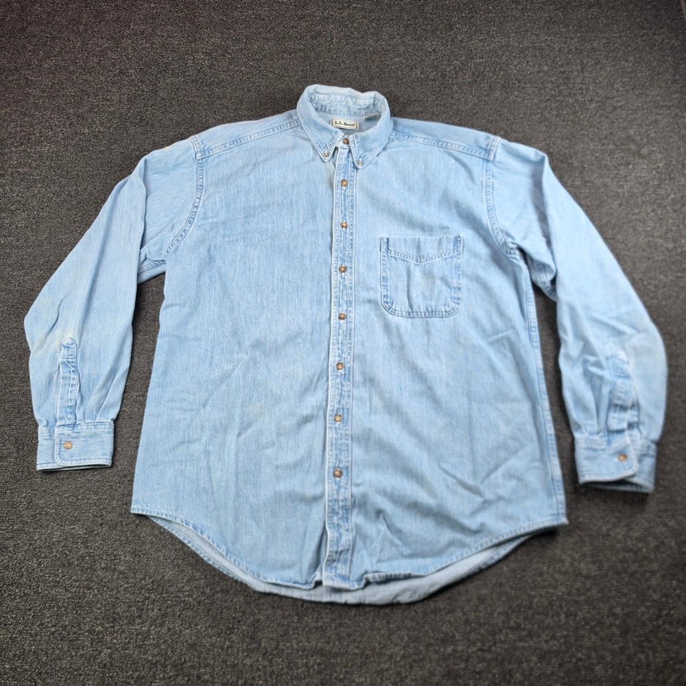 Vintage LL Bean Denim Shirt Light Blue Mens Large Tall Button Down W861 Distress